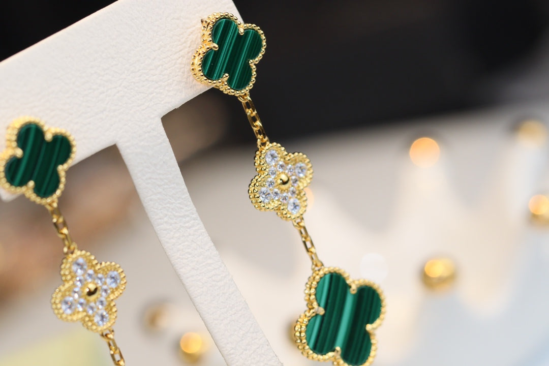 [⭐Shinejoy]CLOVER EARRINGS GOLD MALACHITE DIAMOND 3 MOTIF