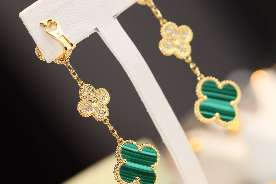 [⭐Shinejoy]CLOVER EARRINGS GOLD MALACHITE DIAMOND 3 MOTIF
