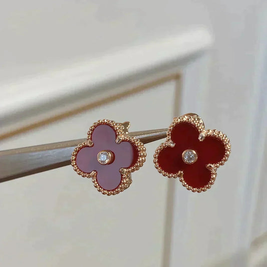 [⭐Shinejoy]CLOVER MEDIUM 1 MOTIFS CARNELIAN  DIAMOND earrings