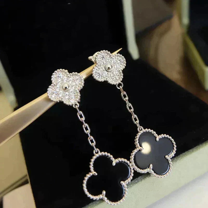 [⭐Shinejoy]CLOVER 2 MOTIFS  DIAMOND ONYX EARRINGS SILVER
