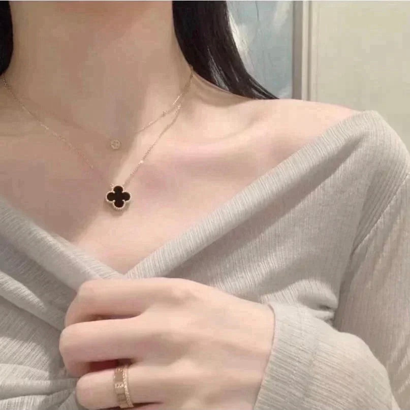 [⭐Shinejoy]CLOVER 15MM BLACK ONYX SINGLE FLOWER NECKLACE