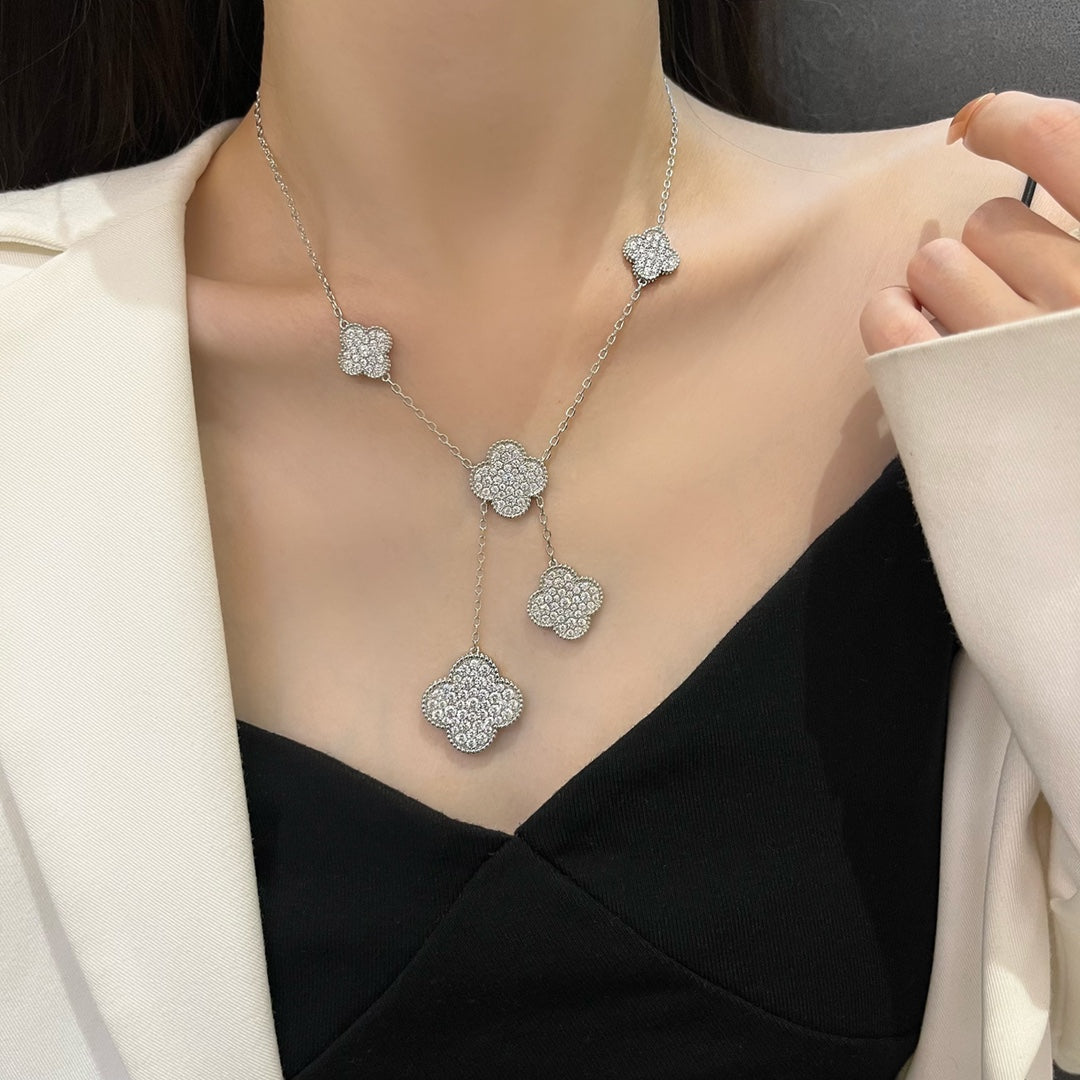 [⭐Shinejoy]CLOVER 5 MOTIFS SILVER DIAMONDS NECKLACE