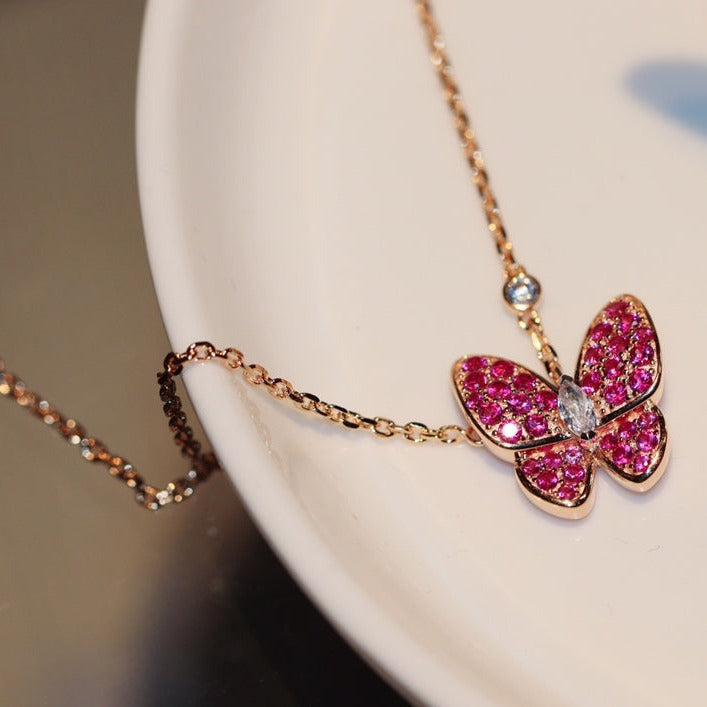 [⭐Shinejoy]BUTTERFLY RED DIAMOND ROSE GOLD NECKLACE