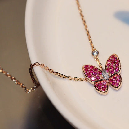 [⭐Shinejoy]BUTTERFLY RED DIAMOND ROSE GOLD NECKLACE