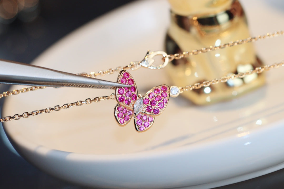[⭐Shinejoy]BUTTERFLY RED DIAMOND ROSE GOLD NECKLACE
