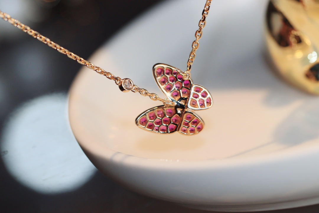 [⭐Shinejoy]BUTTERFLY RED DIAMOND ROSE GOLD NECKLACE