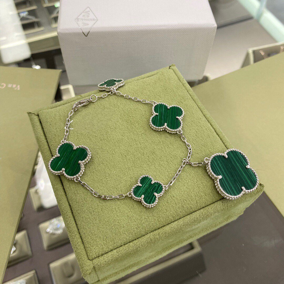 [⭐Shinejoy]CLOVER 5 MOTIFS SIVLER MALACHITE BRACELET