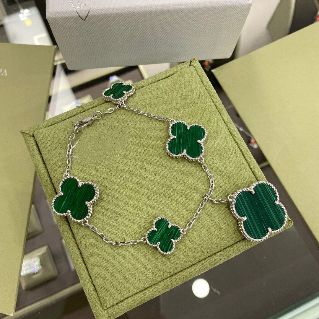 [⭐Shinejoy]CLOVER 5 MOTIFS SIVLER MALACHITE BRACELET