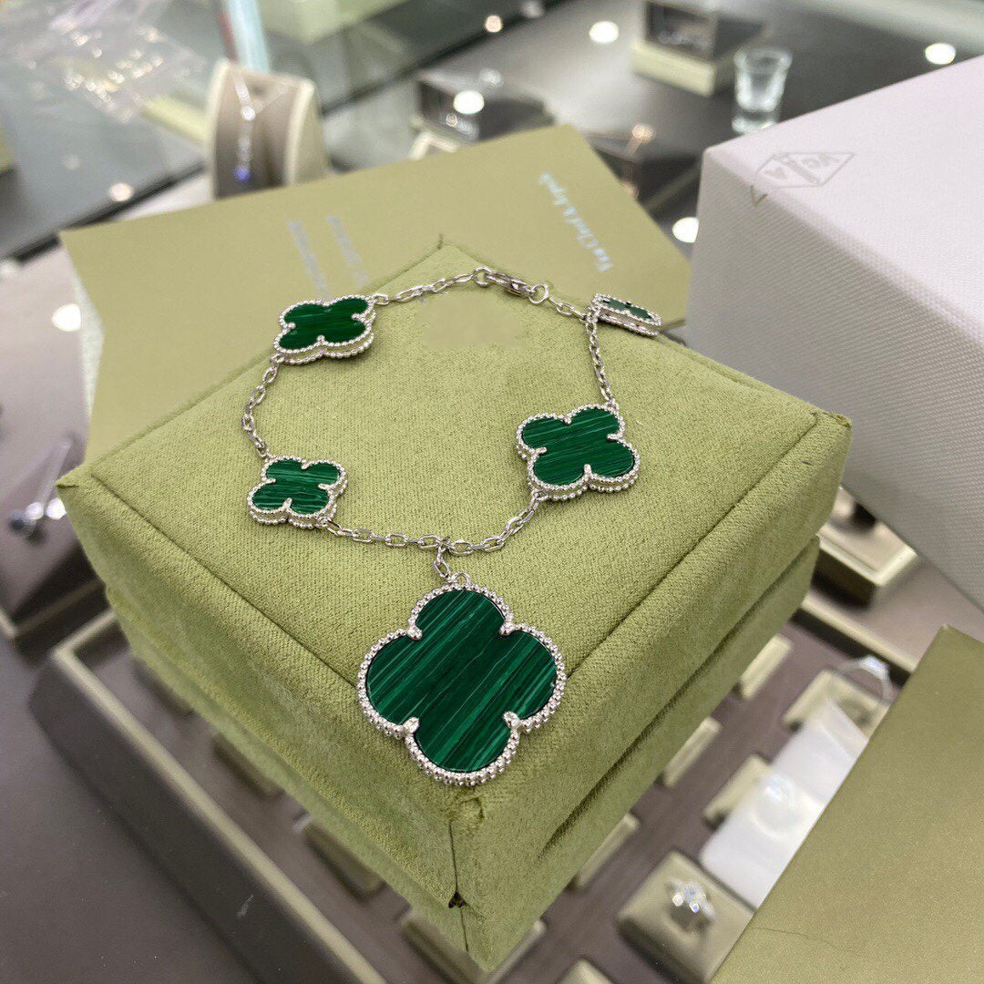 [⭐Shinejoy]CLOVER 5 MOTIFS SIVLER MALACHITE BRACELET