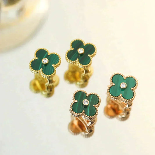 [⭐Shinejoy]CLOVER MEDIUM 1 MOTIFS MALACHITE DIAMOND EARRINGS