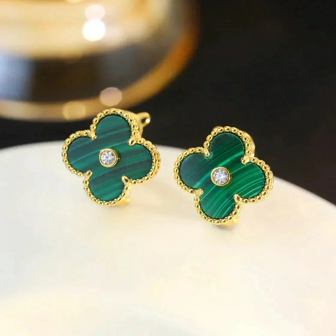 [⭐Shinejoy]CLOVER MEDIUM 1 MOTIFS MALACHITE DIAMOND EARRINGS