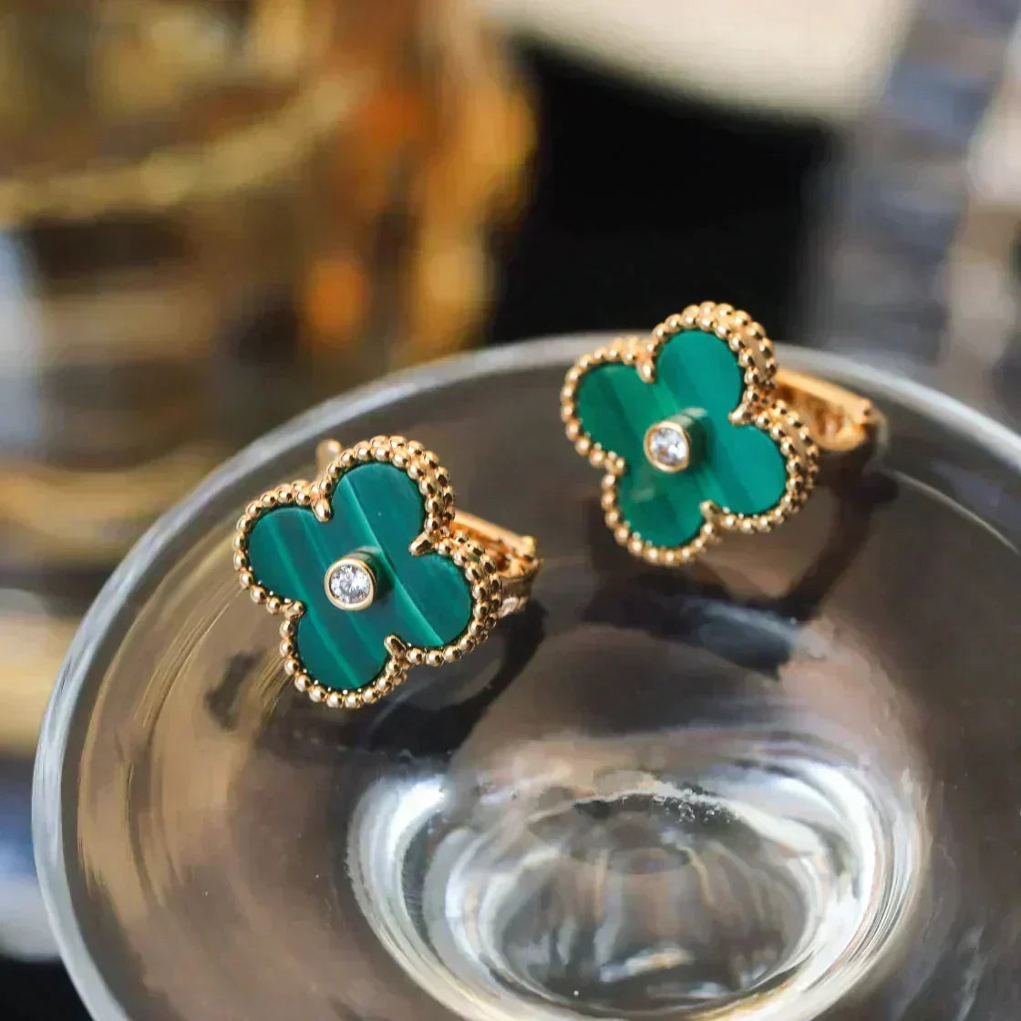 [⭐Shinejoy]CLOVER MEDIUM 1 MOTIFS MALACHITE DIAMOND EARRINGS