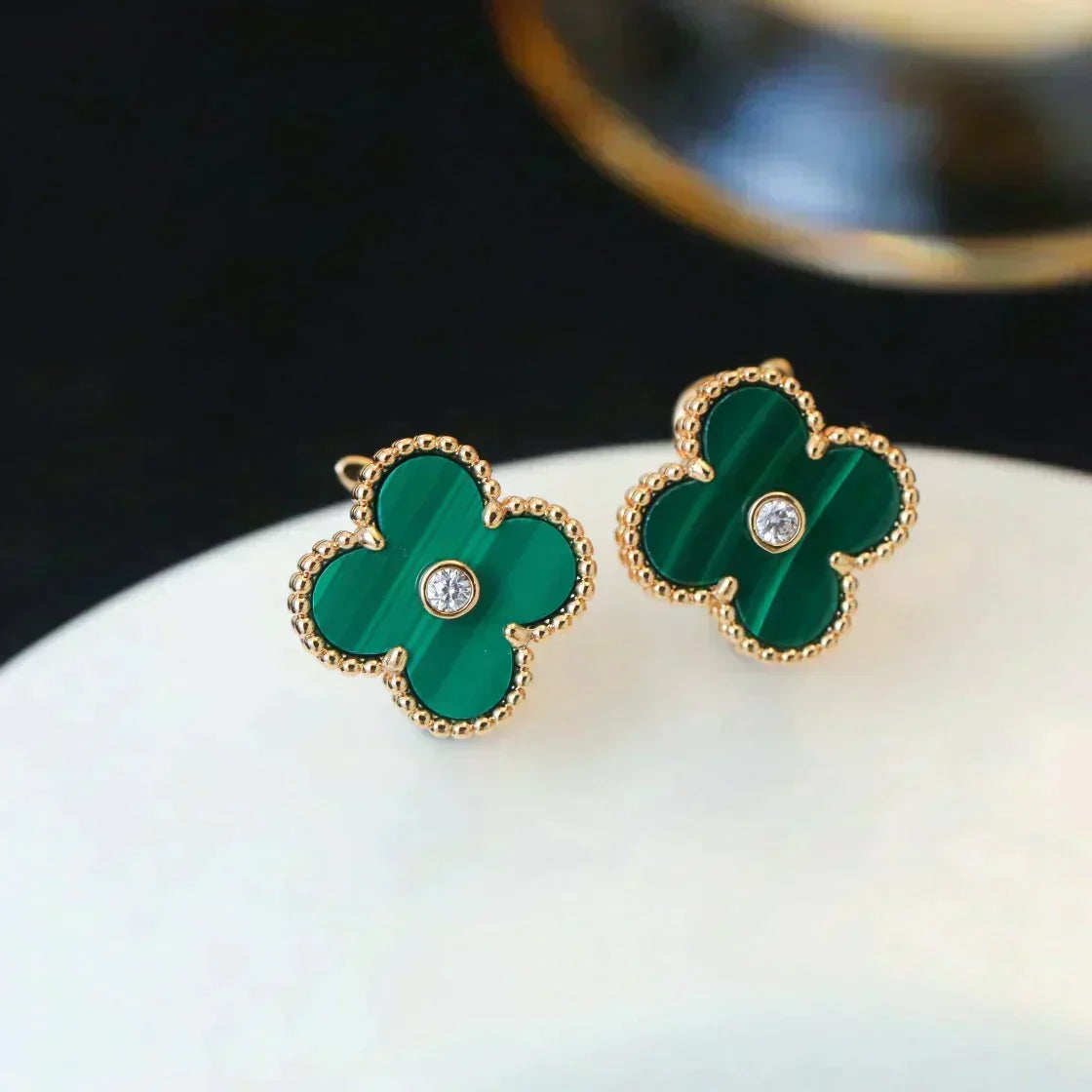 [⭐Shinejoy]CLOVER MEDIUM 1 MOTIFS MALACHITE DIAMOND EARRINGS