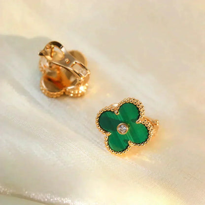 [⭐Shinejoy]CLOVER MEDIUM 1 MOTIFS MALACHITE DIAMOND EARRINGS