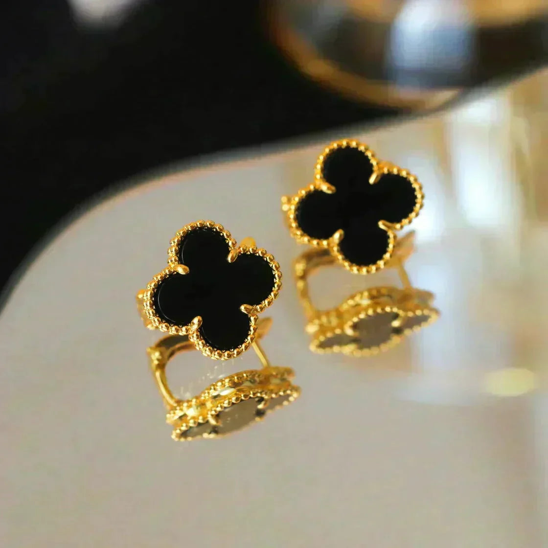 [⭐Shinejoy]CLOVER MEDIUM 1 MOTIFS  ONYX STUD EARRINGS