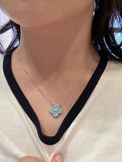[⭐Shinejoy]CLOVER 1 DIAMOND LIGHT BLUE SILVER NECKLACE
