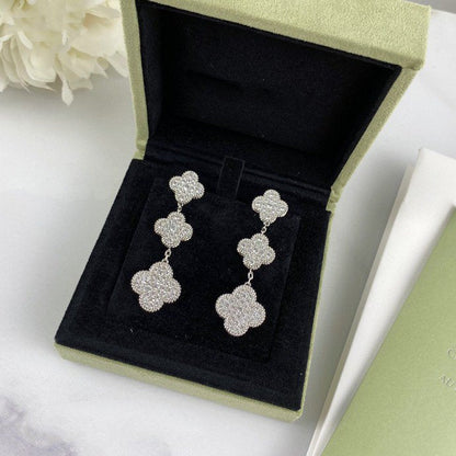 [⭐Shinejoy]CLOVER 3 MOTIF DIAMOND SILVER DROP EARRINGS
