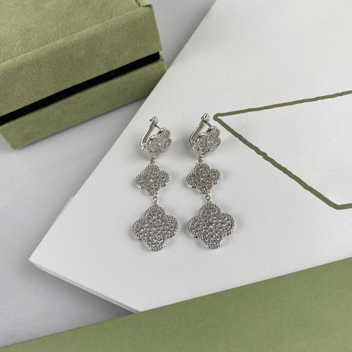 [⭐Shinejoy]CLOVER 3 MOTIF DIAMOND SILVER DROP EARRINGS