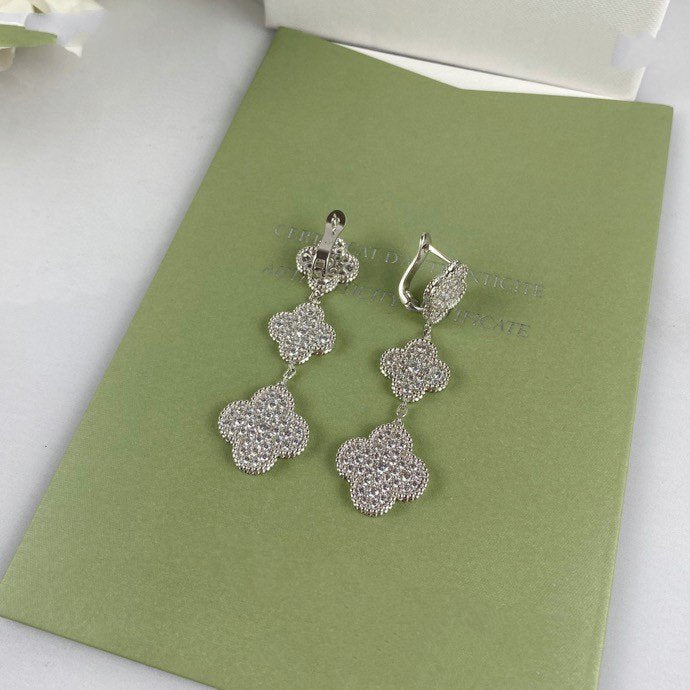 [⭐Shinejoy]CLOVER 3 MOTIF DIAMOND SILVER DROP EARRINGS