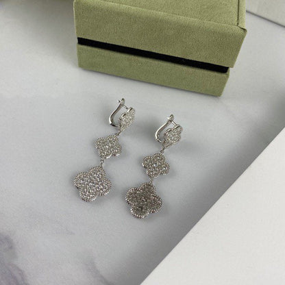 [⭐Shinejoy]CLOVER 3 MOTIF DIAMOND SILVER DROP EARRINGS