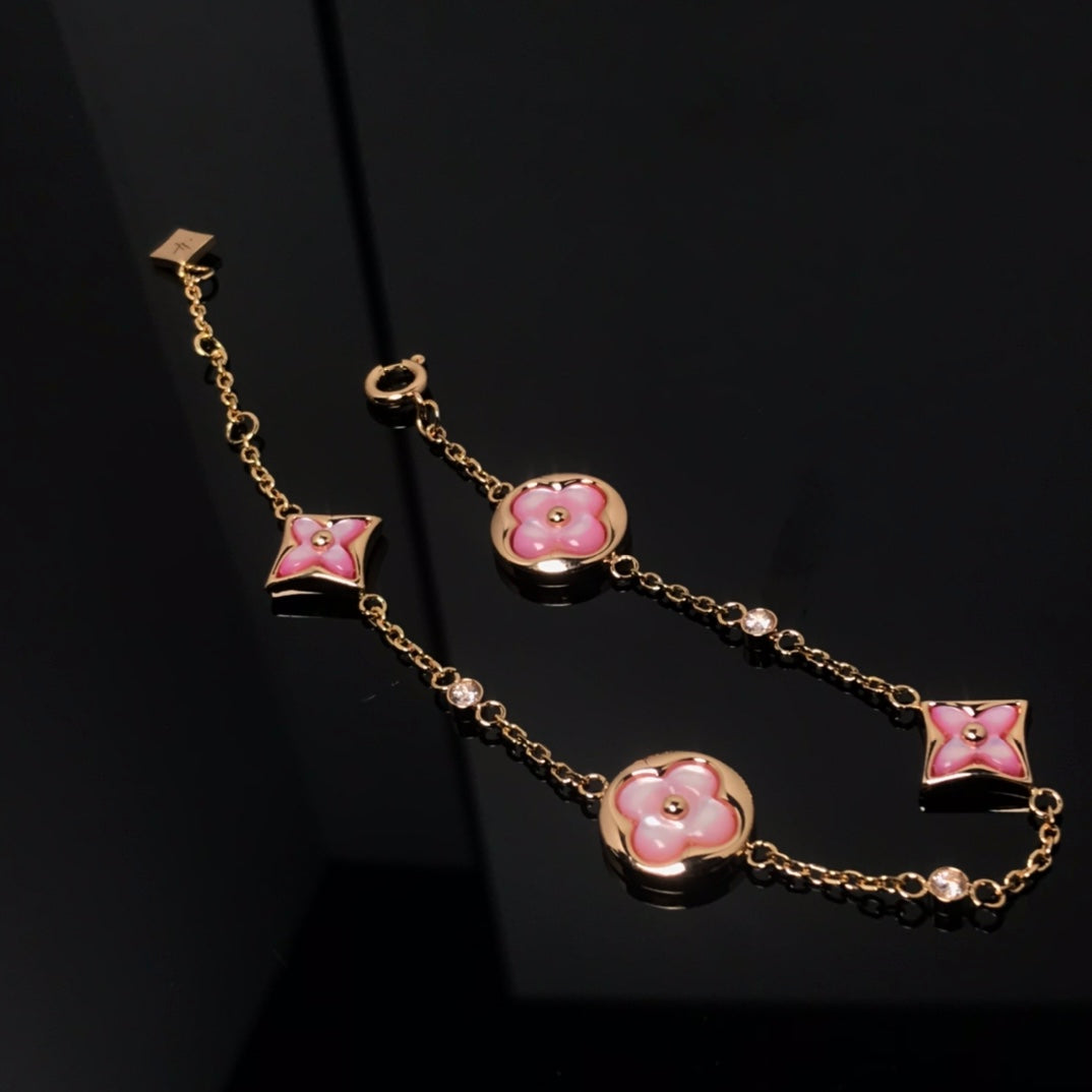 [⭐Shinejoy]STAR AND SUN 4 MOTIF PINK MOP PINK GOLD BRACELET