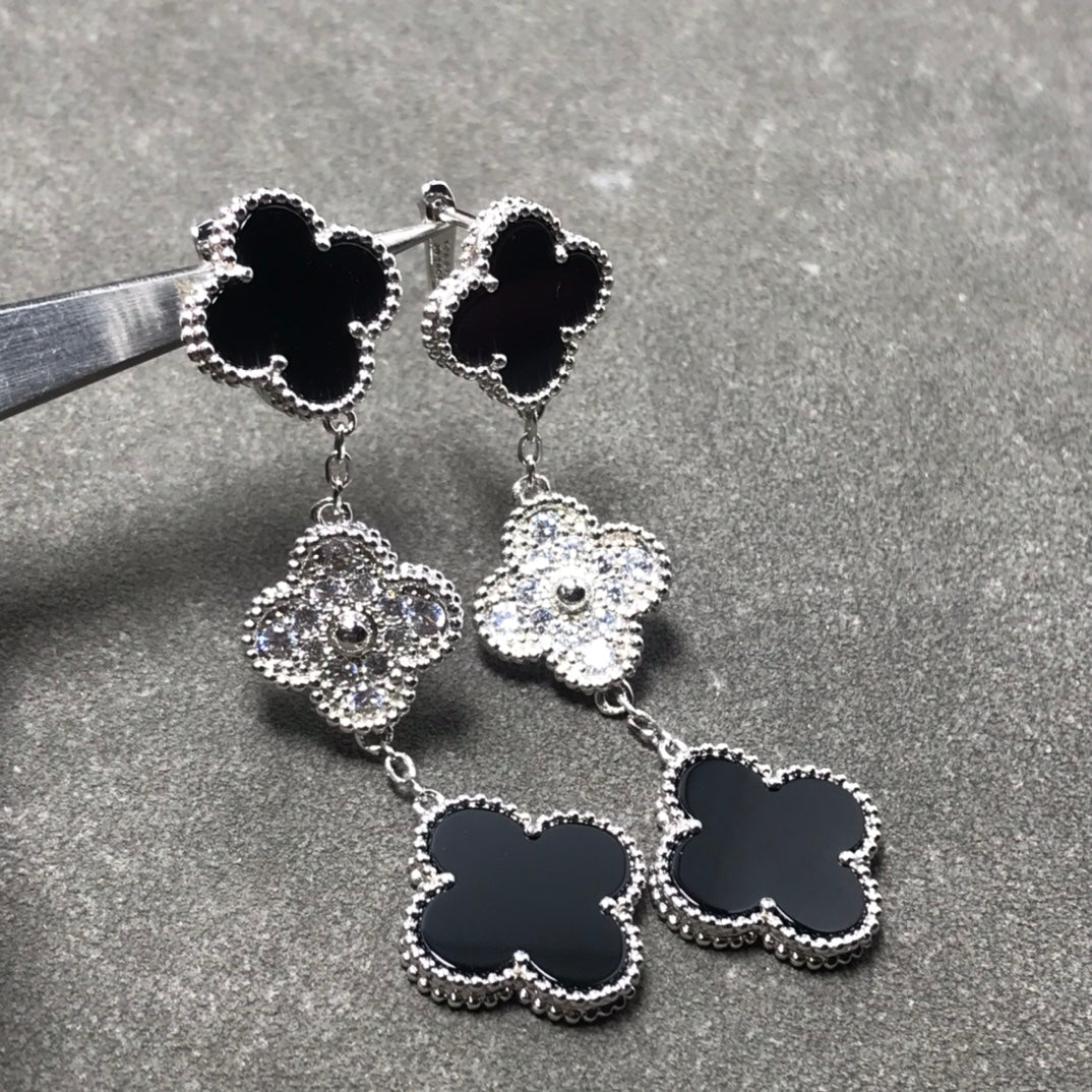 [⭐Shinejoy]CLOVER 3 MOTIF DIAMOND ONYX SILVER EARRINGS