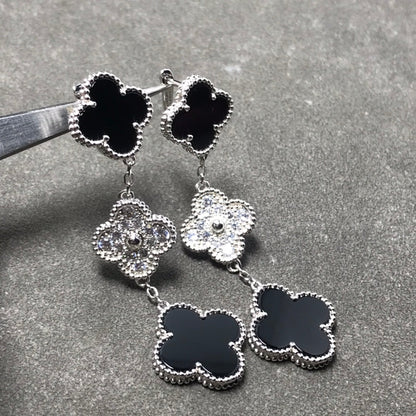 [⭐Shinejoy]CLOVER 3 MOTIF DIAMOND ONYX SILVER EARRINGS
