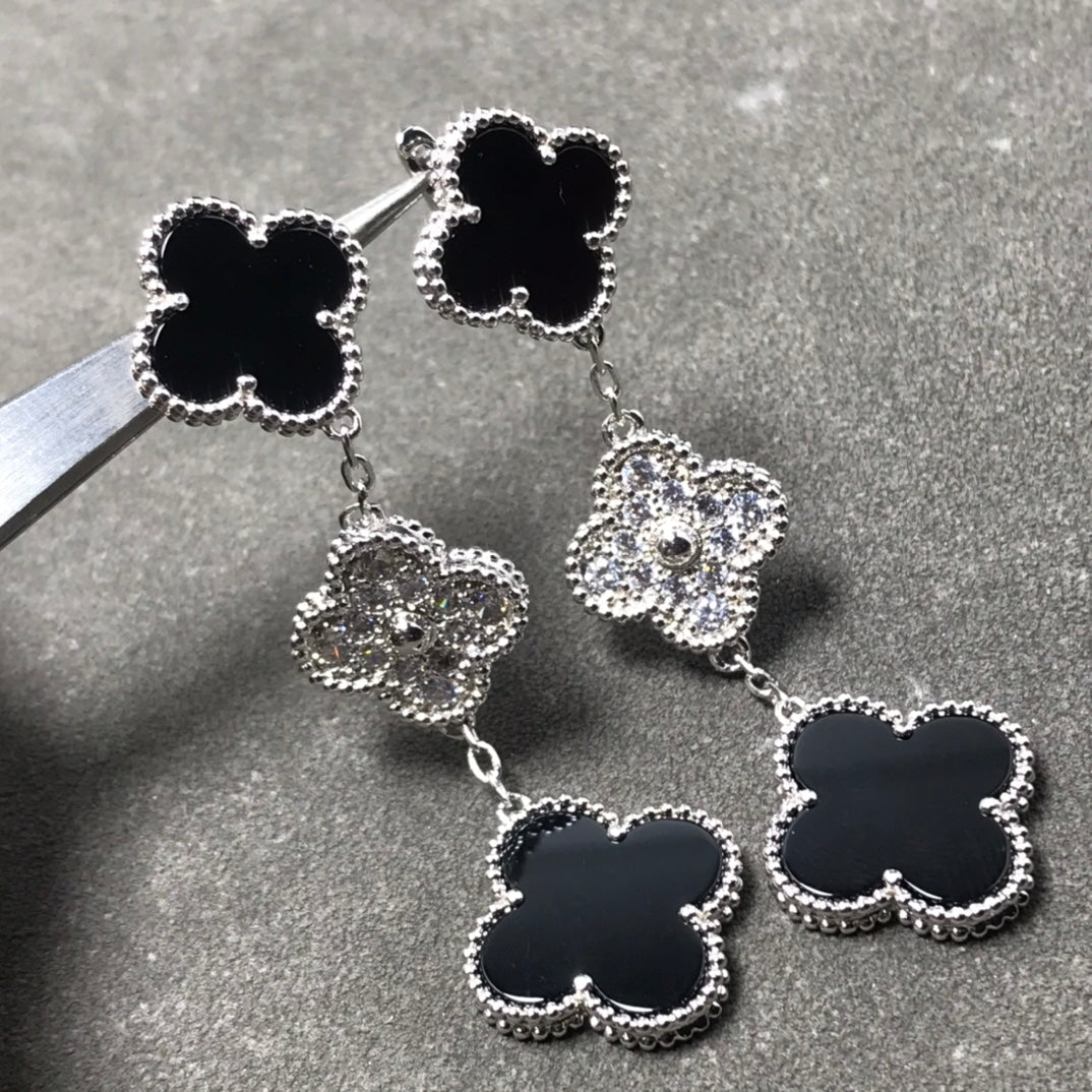 [⭐Shinejoy]CLOVER 3 MOTIF DIAMOND ONYX SILVER EARRINGS