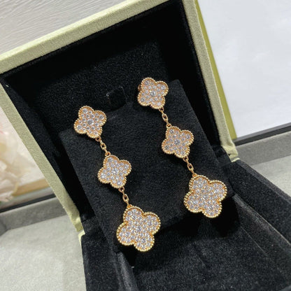 [⭐Shinejoy]CLOVER 3 MOTIFS DIAMOND PAVED ROSE GOLD EARRINGS