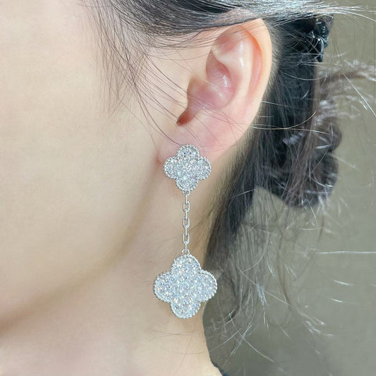 [⭐Shinejoy]CLOVER 2 MOTIFS DIAMOND PAVED SILVER EARRINGS