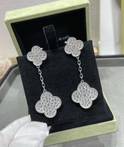[⭐Shinejoy]CLOVER 2 MOTIFS DIAMOND PAVED SILVER EARRINGS