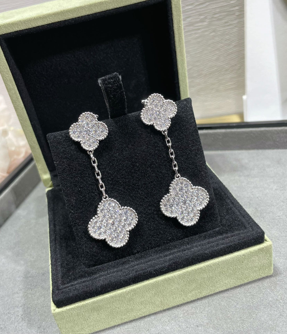 [⭐Shinejoy]CLOVER 2 MOTIFS DIAMOND PAVED SILVER EARRINGS
