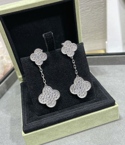 [⭐Shinejoy]CLOVER 2 MOTIFS DIAMOND PAVED SILVER EARRINGS