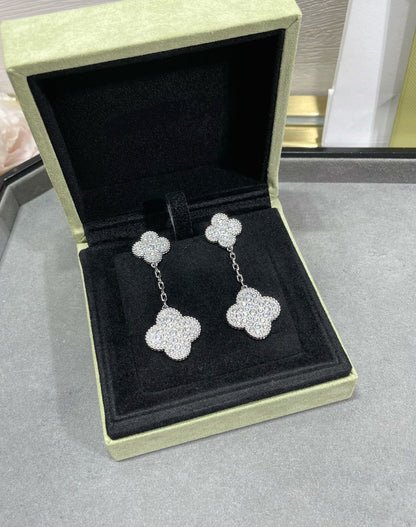 [⭐Shinejoy]CLOVER 2 MOTIFS DIAMOND PAVED SILVER EARRINGS
