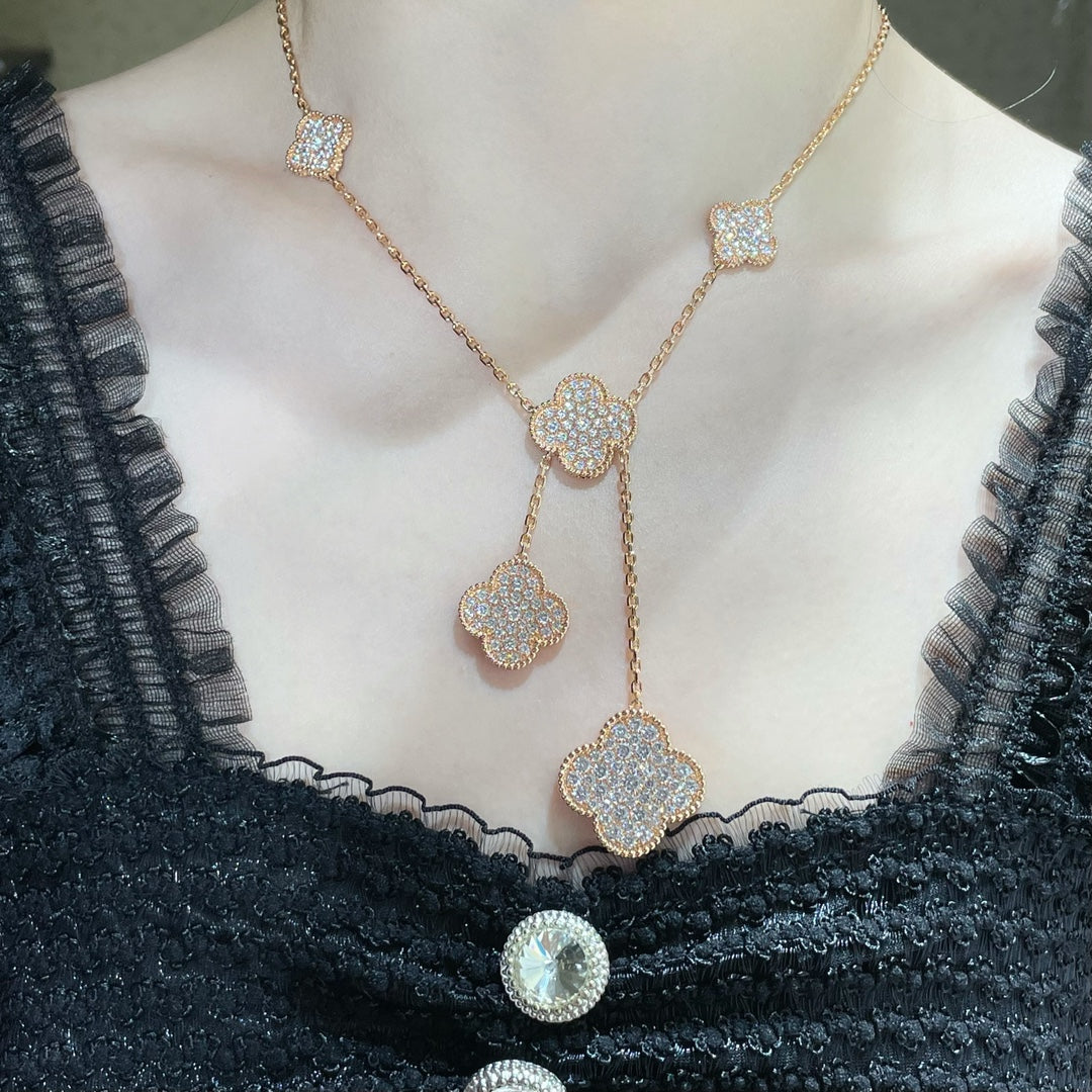 [⭐Shinejoy]CLOVER 6 MOTIF DIAMOND PAVED NECKLACE