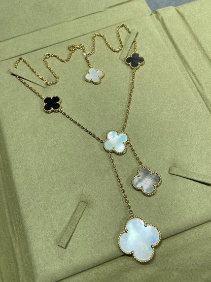 [⭐Shinejoy]CLOVER 6 MOTIF MOP ONYX GOLD NECKLACE