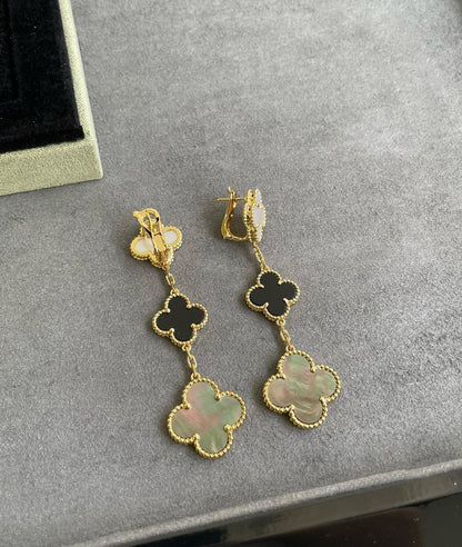 [⭐Shinejoy]CLOVER 3 MOTIF MOP ONYX DARK MOP PINK GOLD EARRINGS