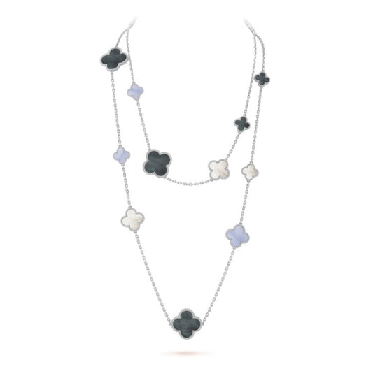 [⭐Shinejoy]CLOVER 16 MOTIF CHALCEDONY MOP SILVER NECKLACE