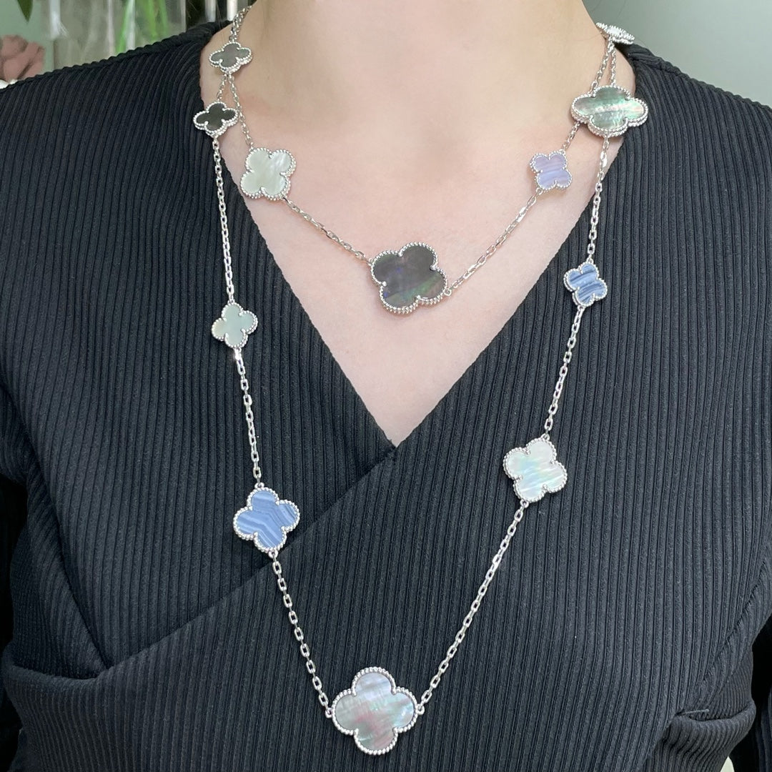 [⭐Shinejoy]CLOVER 16 MOTIF CHALCEDONY MOP SILVER NECKLACE