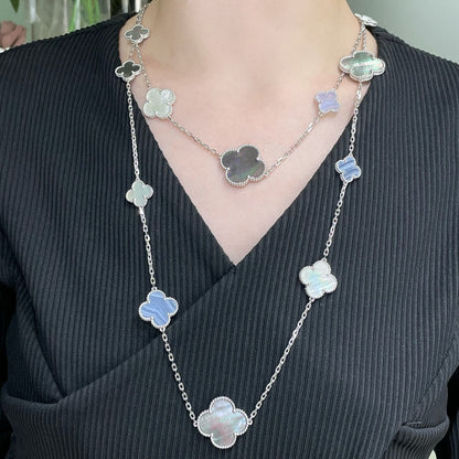 [⭐Shinejoy]CLOVER 16 MOTIF CHALCEDONY MOP SILVER NECKLACE