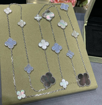 [⭐Shinejoy]CLOVER 16 MOTIF CHALCEDONY MOP SILVER NECKLACE