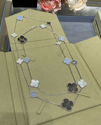 [⭐Shinejoy]CLOVER 16 MOTIF CHALCEDONY MOP SILVER NECKLACE