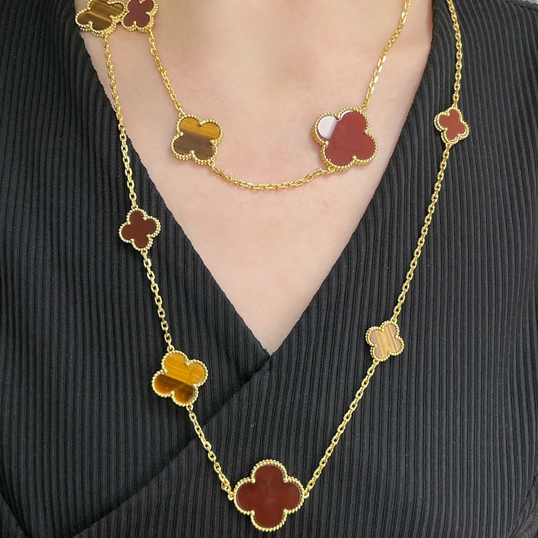 [⭐Shinejoy]CLOVER 16 MOTIF CARNELIAN TIGER EYE ROSE GOLD NECKLACE