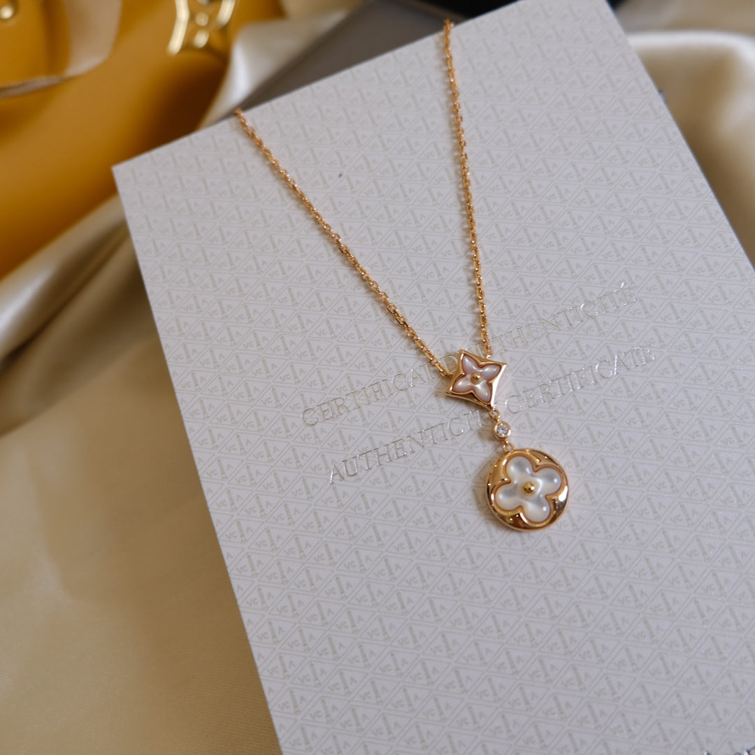 [⭐Shinejoy]STAR AND SUN WHITE MOP 2 MOTIF PINK GOLD NECKLACE