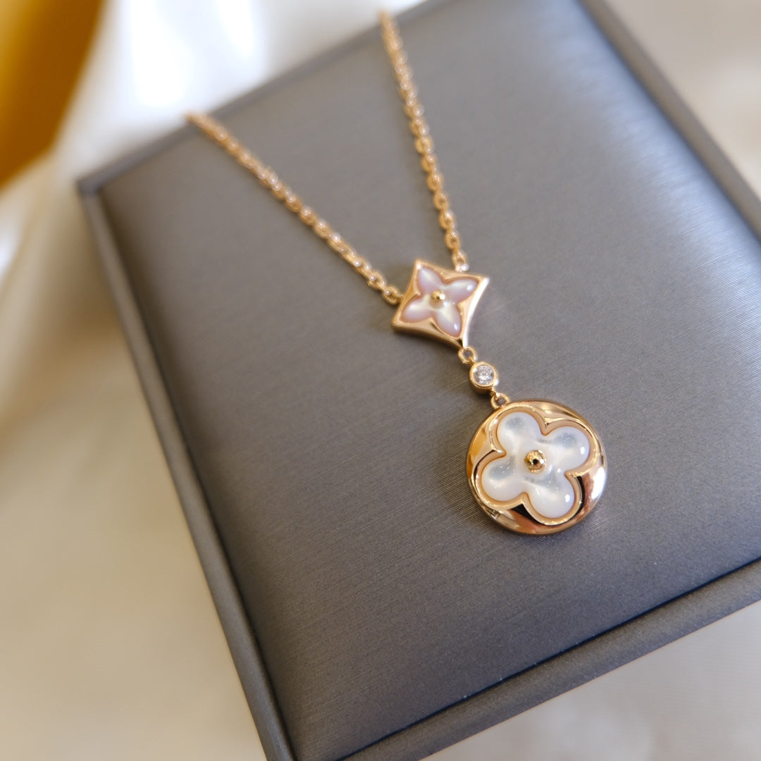 [⭐Shinejoy]STAR AND SUN WHITE MOP 2 MOTIF PINK GOLD NECKLACE