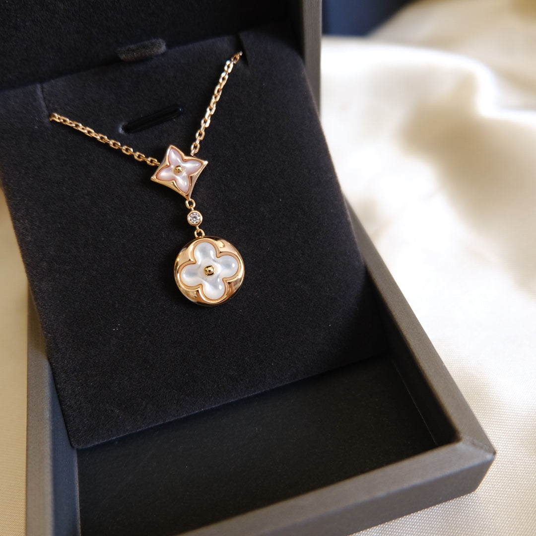 [⭐Shinejoy]STAR AND SUN WHITE MOP 2 MOTIF PINK GOLD NECKLACE