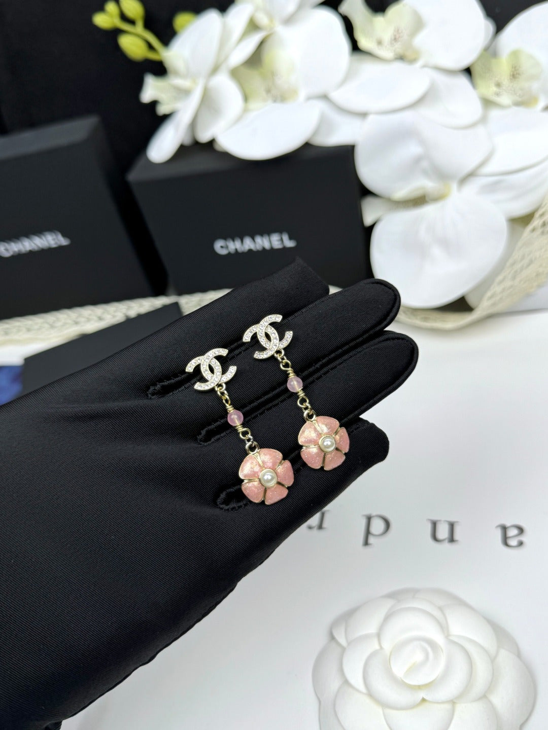 [⭐Shinejoy]26C Pink Camellia Enamel Pendant with Double C Earrings