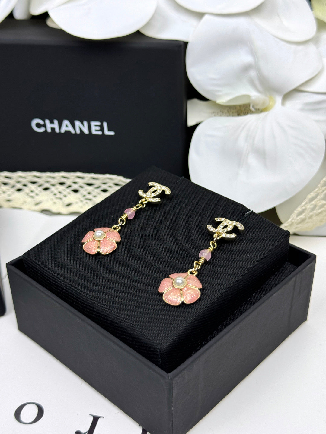 [⭐Shinejoy]26C Pink Camellia Enamel Pendant with Double C Earrings