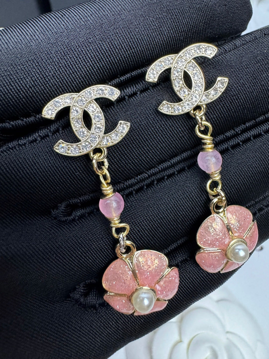 [⭐Shinejoy]26C Pink Camellia Enamel Pendant with Double C Earrings