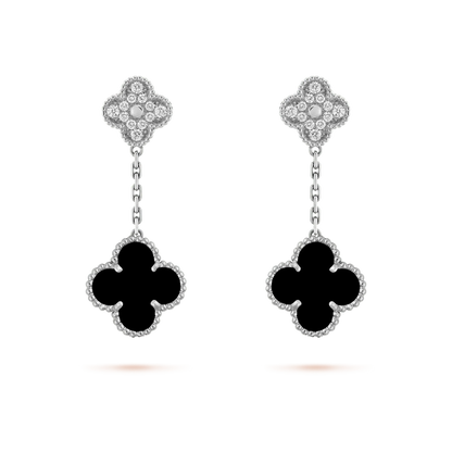 [⭐Shinejoy]CLOVER 2 MOTIFS  DIAMOND ONYX EARRINGS SILVER